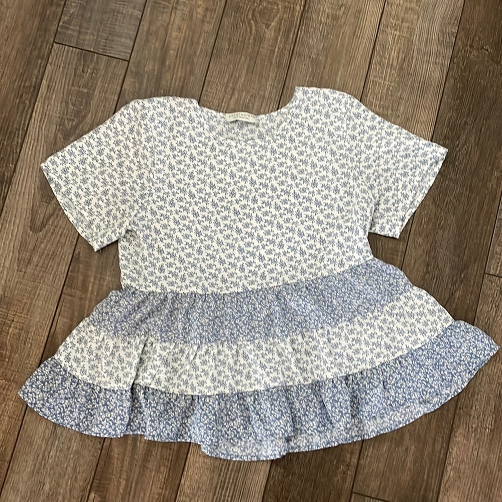 Paper Crane White and Blue Floral Blouse Top,Size S
